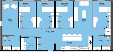 Floor plan for 4 beds, 2 baths, 1777 sqft